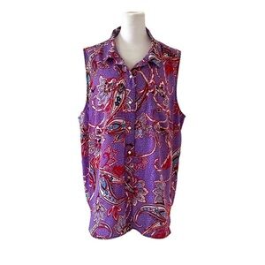 Liz Claiborne XXL blouse sleeveless collar lightweight button down purple white